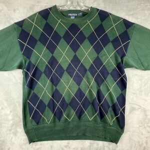 VTG Y2K Nautica Men's Argyle Sweater Green Navy Crew Neck Long Sleeve Cotton XL